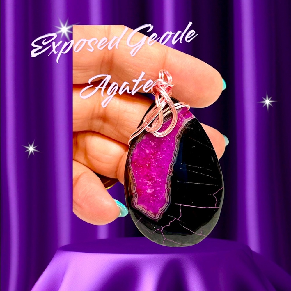 Purple and black geode agate wire wrapped artisan pendant